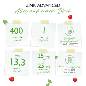 Zink Advanced (400 Tabletten mit 25 mg - Zinkbisglycinat + L-Histidin)
