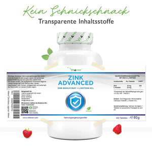 Zink Advanced (400 Tabletten mit 25 mg - Zinkbisglycinat + L-Histidin)